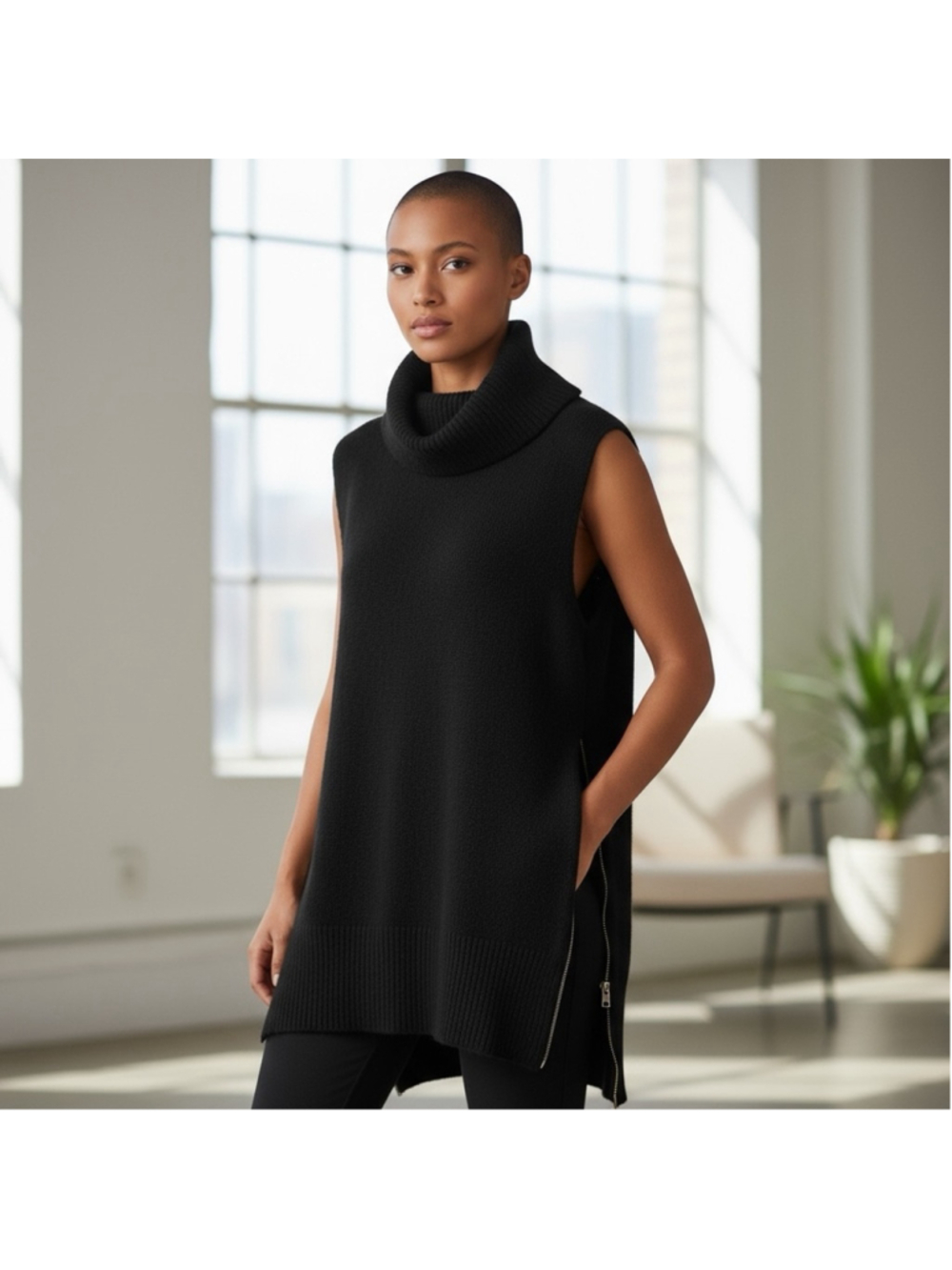 Seven Sisters Black Sleeveless Stretch Knit Turtleneck Split Vent Sweater Size S